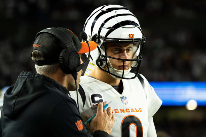 Cincinnati Bengals quarterback Joe Burrow (9) prepares to take the field in the fourth quarter of the NFL game between the Cincinnati Bengals and Los Angeles Rams at Paycor Stadium in Cincinnati on Monday, Sept. 25, 2023.